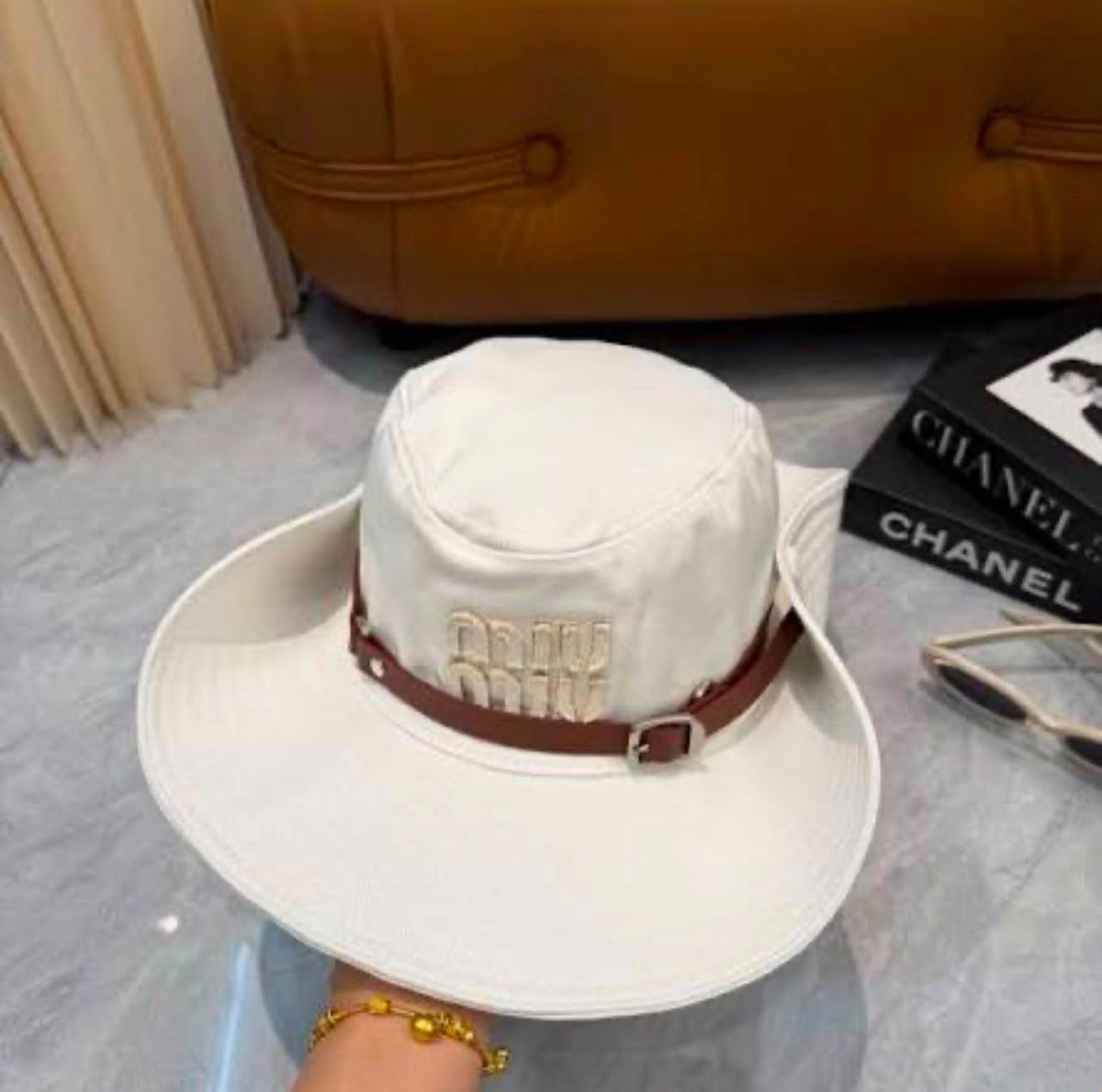 Miu Miu Banded Wide-Brim Hat - Beige, Navy, White, Black