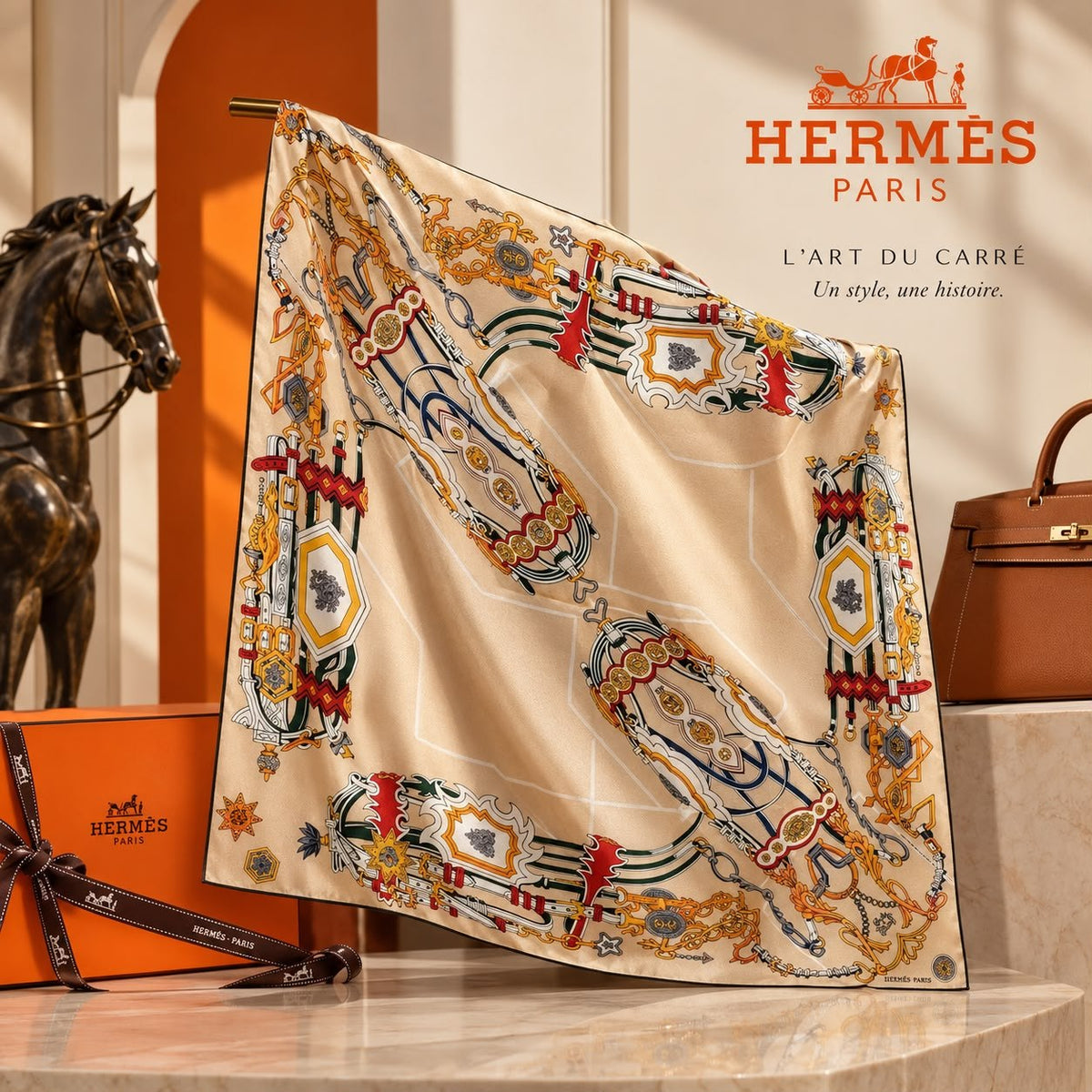 Hermès Scarf Ornate Harness Print - Beige