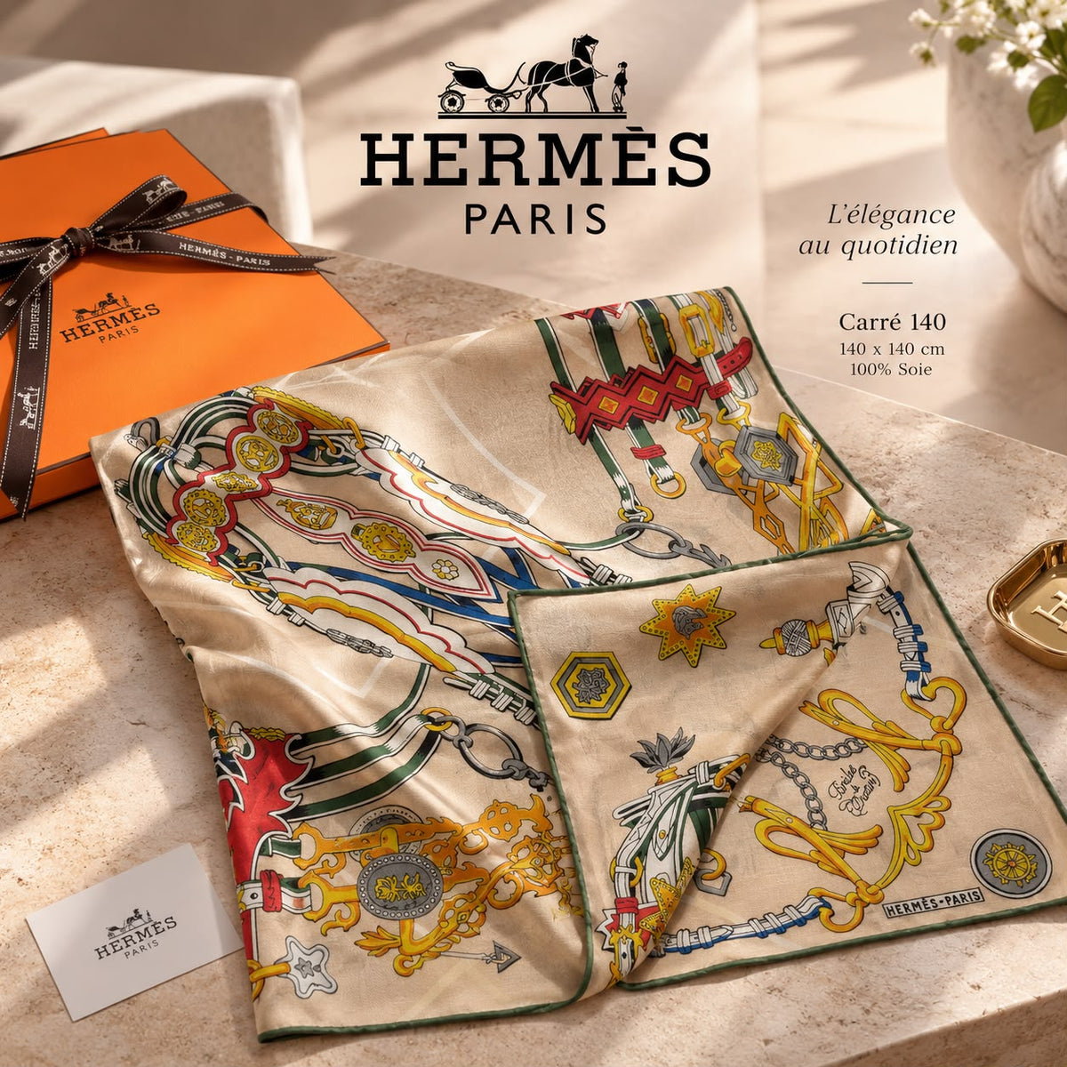 Hermès Scarf Ornate Harness Print - Beige
