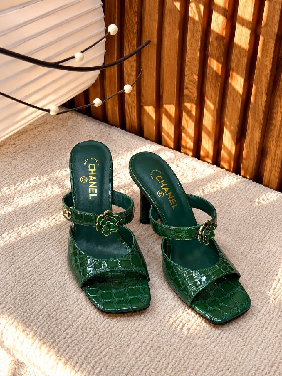 Chanel Flower Strap Block Heels - Green Embossed