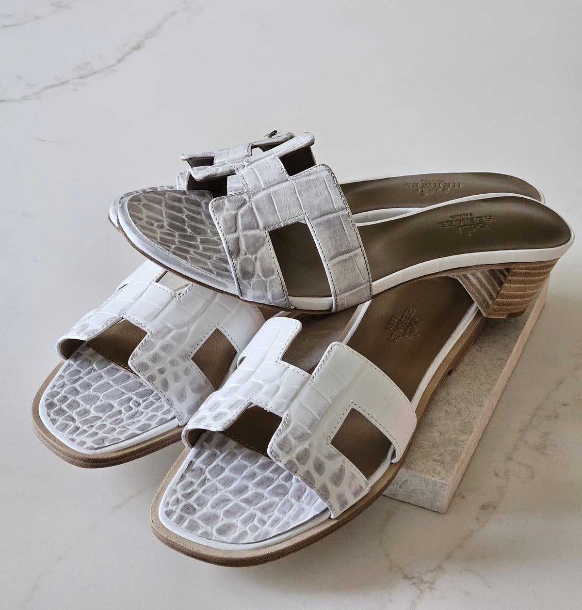 Hermes H-Strap Block Heels - White & Grey Embossed