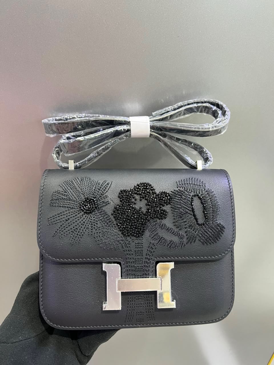 Hermès Shoulder Bag Floral Flap - Dark Grey