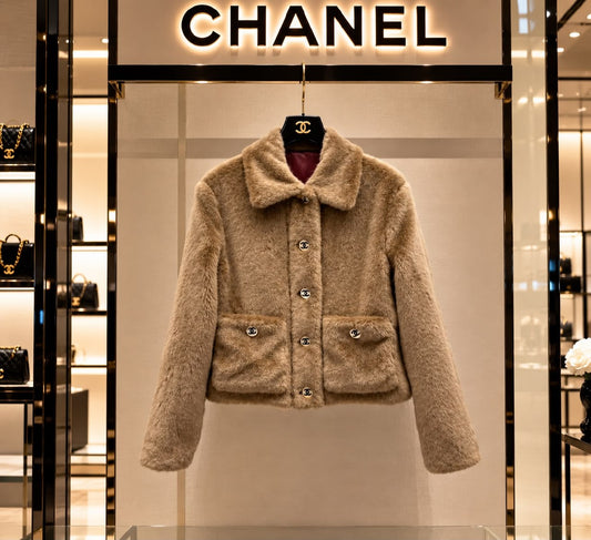 Chanel Faux Fur Button Pocket Jacket - Beige