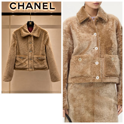 Chanel Faux Fur Button Pocket Jacket - Beige