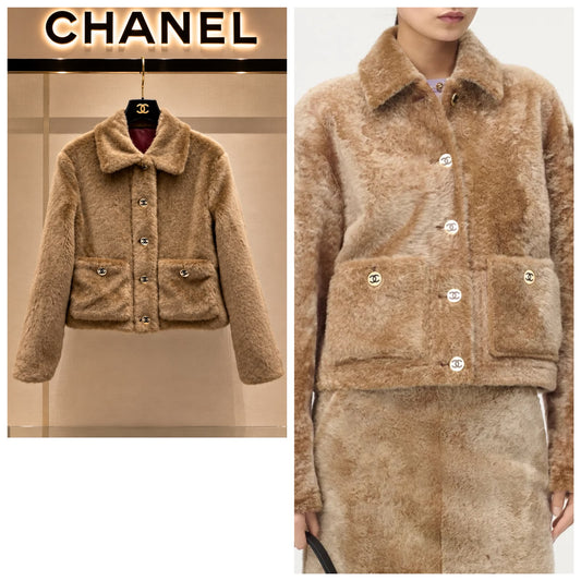 Chanel Faux Fur Button Pocket Jacket - Beige