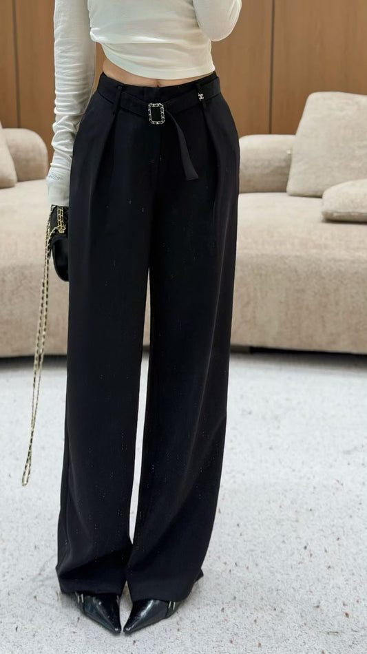 Chanel Pants Belted Wide-Leg - Black