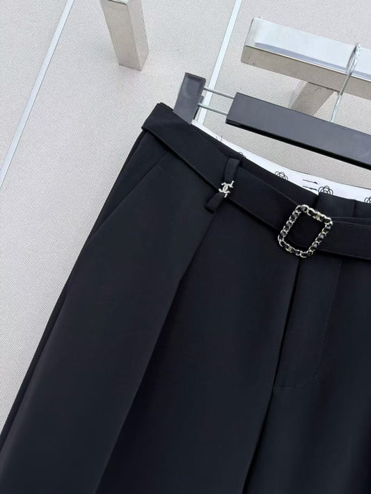 Chanel Pants Belted Wide-Leg - Black