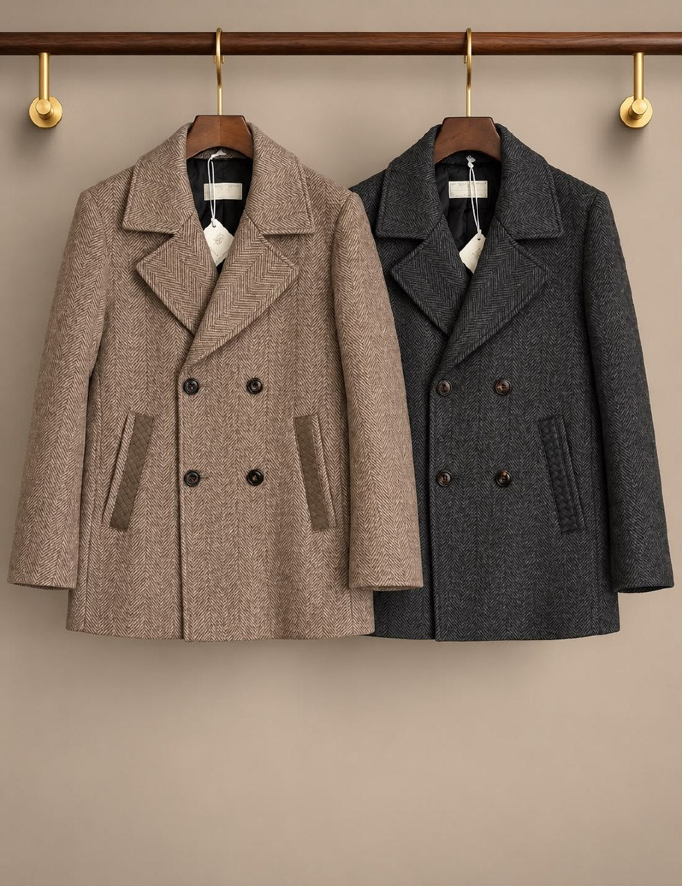 Brunello Cucinelli Double-Breasted Coat - Beige, Dark Grey