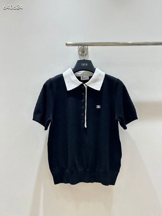 Celine Contrast-Collar Polo Shirt - Black