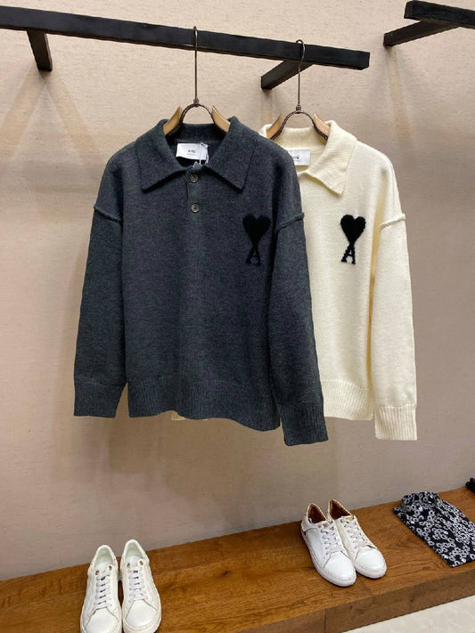 Ami Paris Polo Sweater - White, Dark Grey