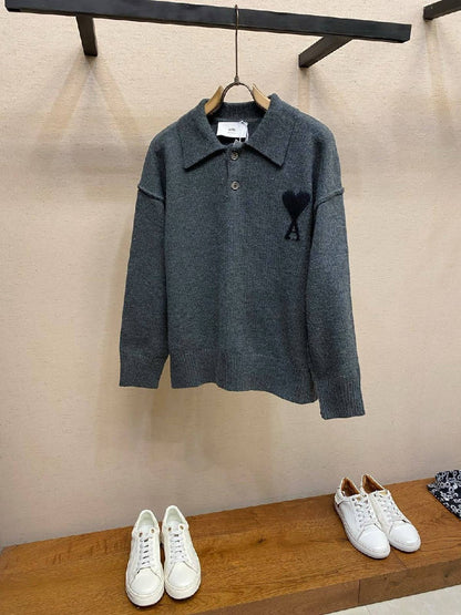 Ami Paris Polo Sweater - White, Dark Grey