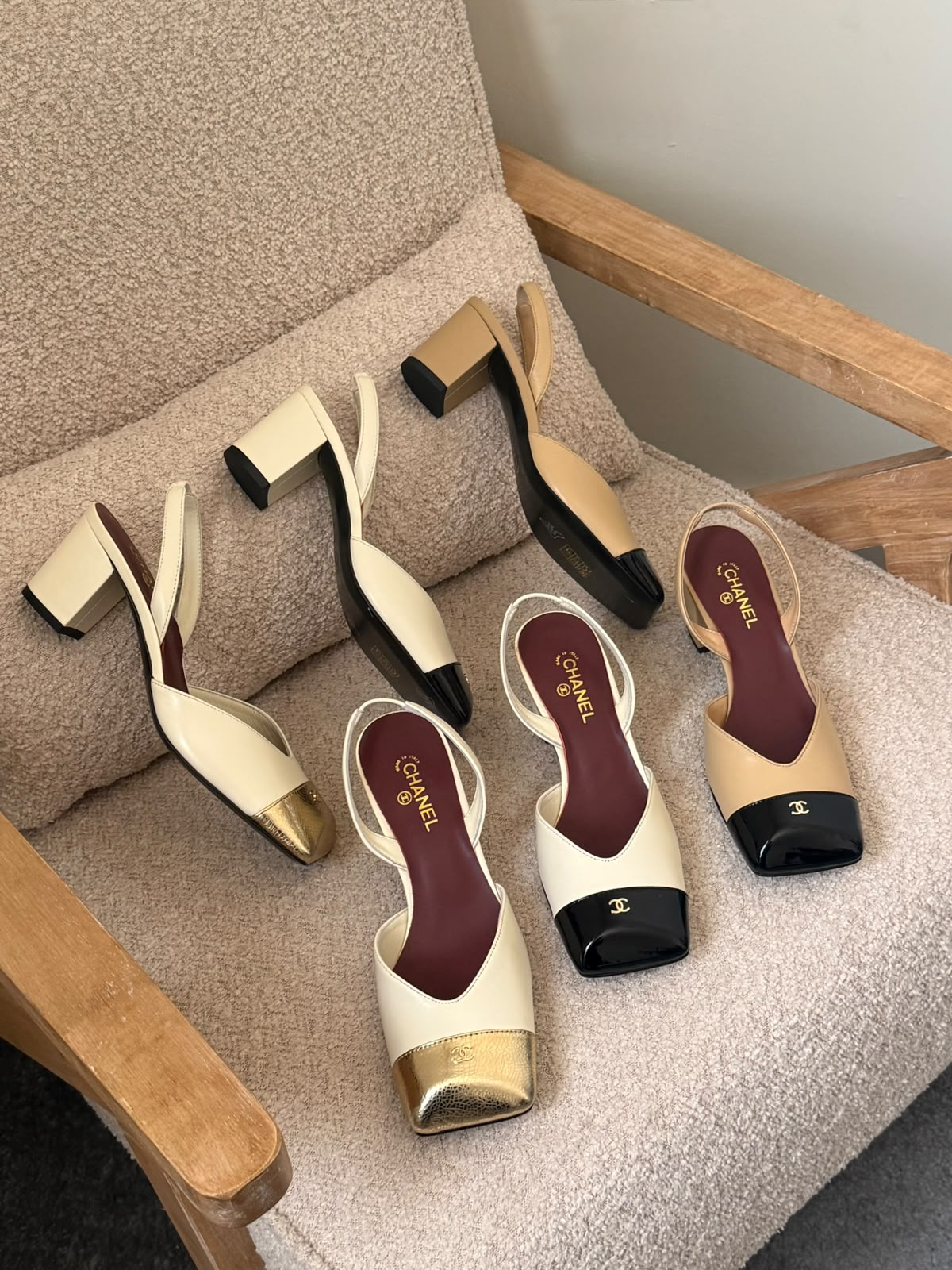 Chanel Heels - White, White & Black, Beige & Black, Gold, Black, Beige