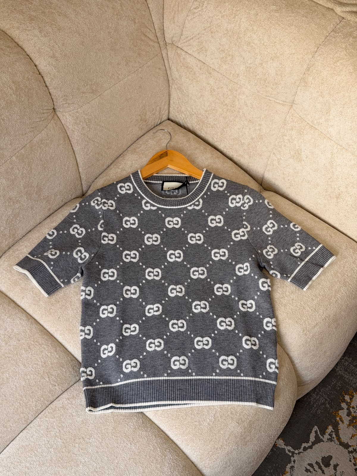 Gucci Diamond-Pattern Knitted T-Shirt - Grey