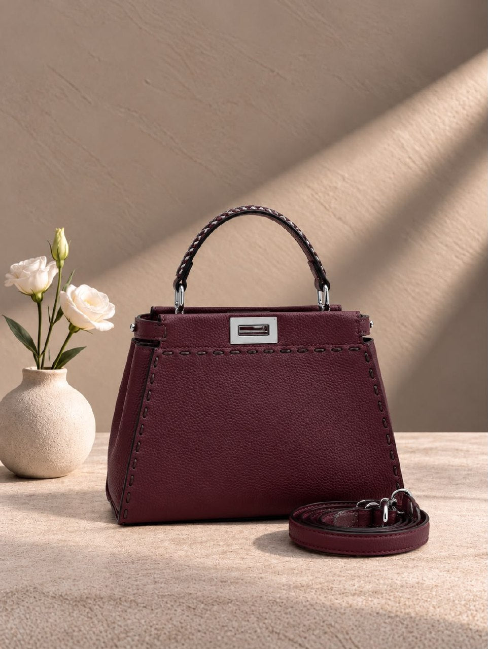 Fendi Stitched-Panel Handbag - Burgundy
