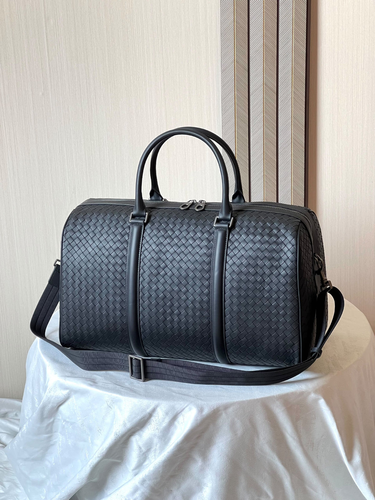 Bottega Veneta Woven Travel Bag Vertical-Strap Design - Black