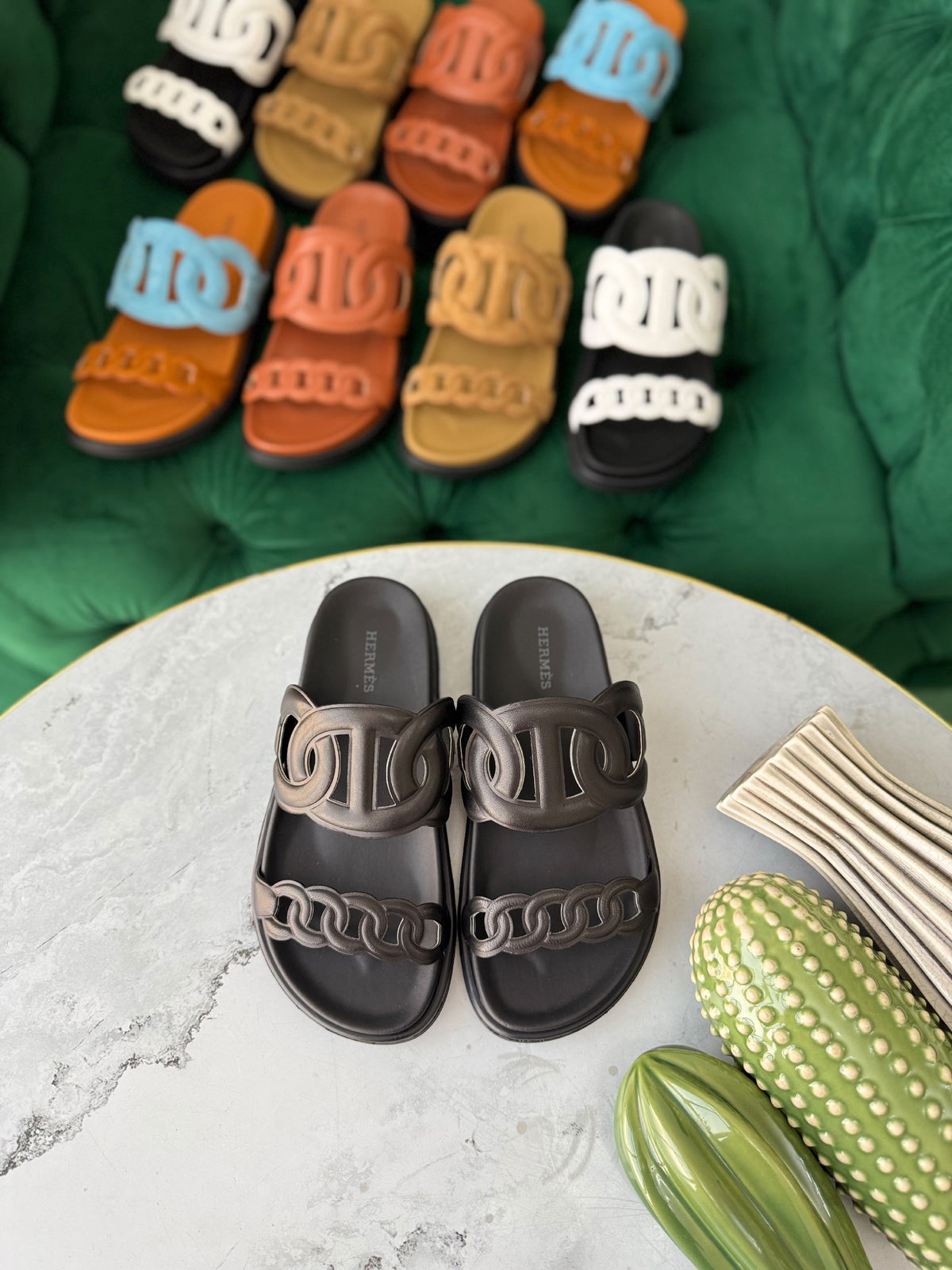 Hermès Double-Strap Slippers - Dark Grey