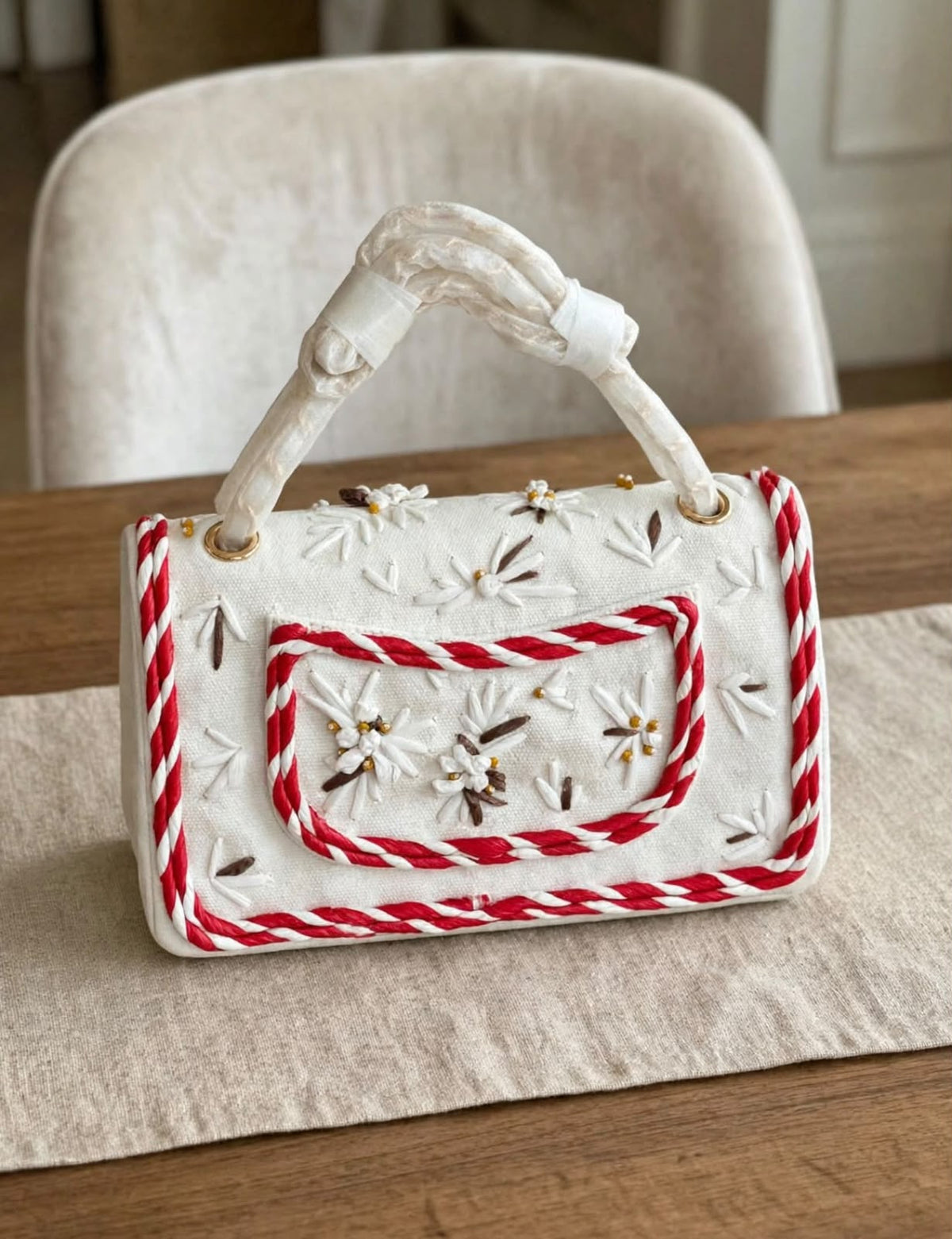 Chanel Braided-Trim Flap Handbag - White