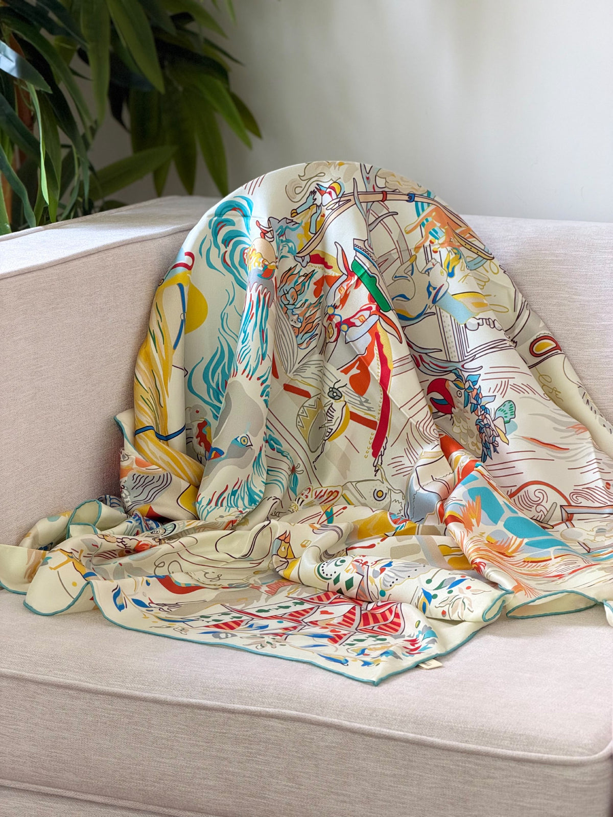 Hermès Silk Scarf Beige Equestrian Print - Beige