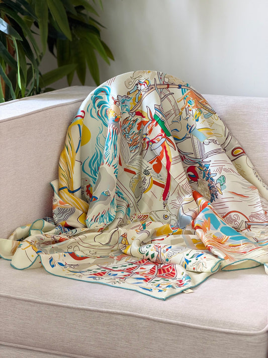 Hermès Silk Scarf Beige Equestrian Print - Beige