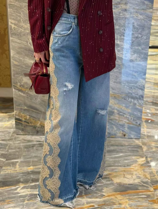 Dolce & Gabbana Lace-Panel Jeans Pants - Blue