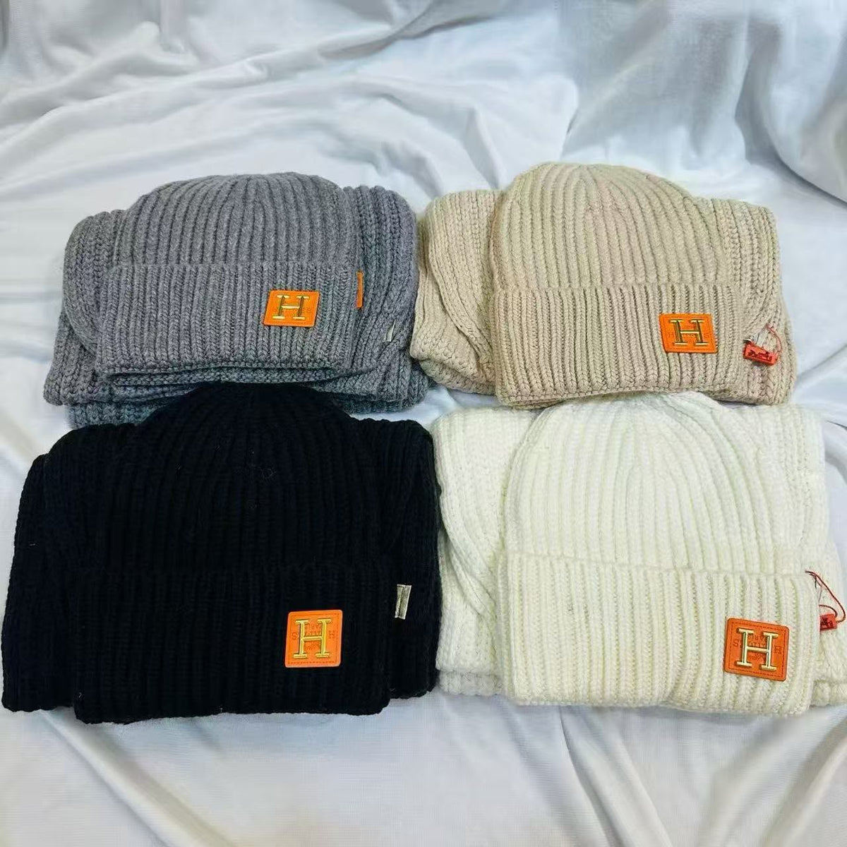 Hermès Scarf & Beanie - Dark Grey, Beige, White, Black