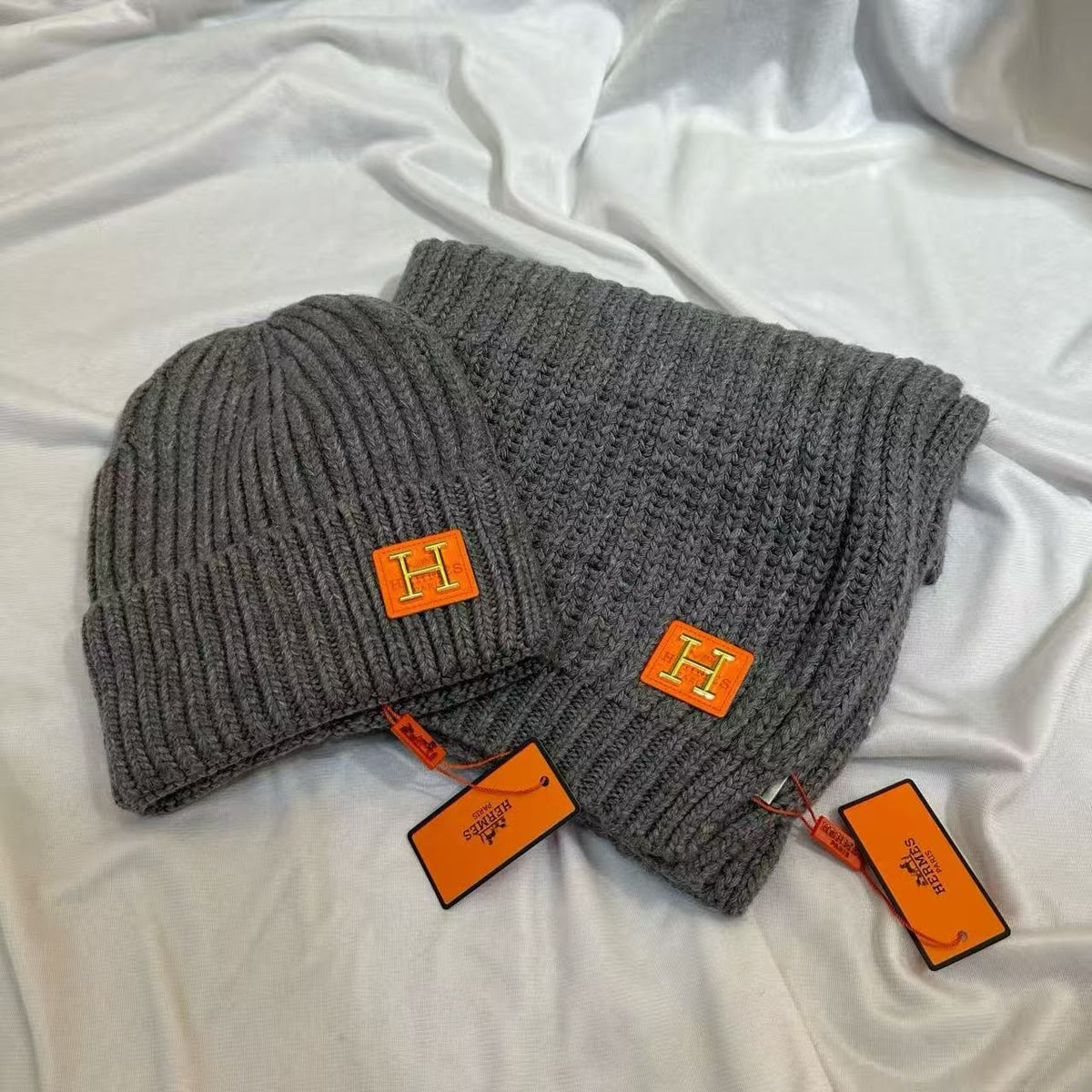 Hermès Scarf & Beanie - Dark Grey, Beige, White, Black