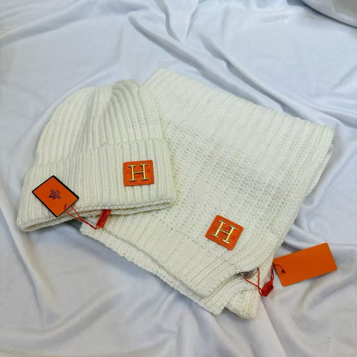Hermès Scarf & Beanie - Dark Grey, Beige, White, Black