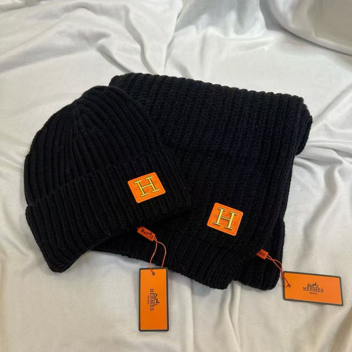 Hermès Scarf & Beanie - Dark Grey, Beige, White, Black
