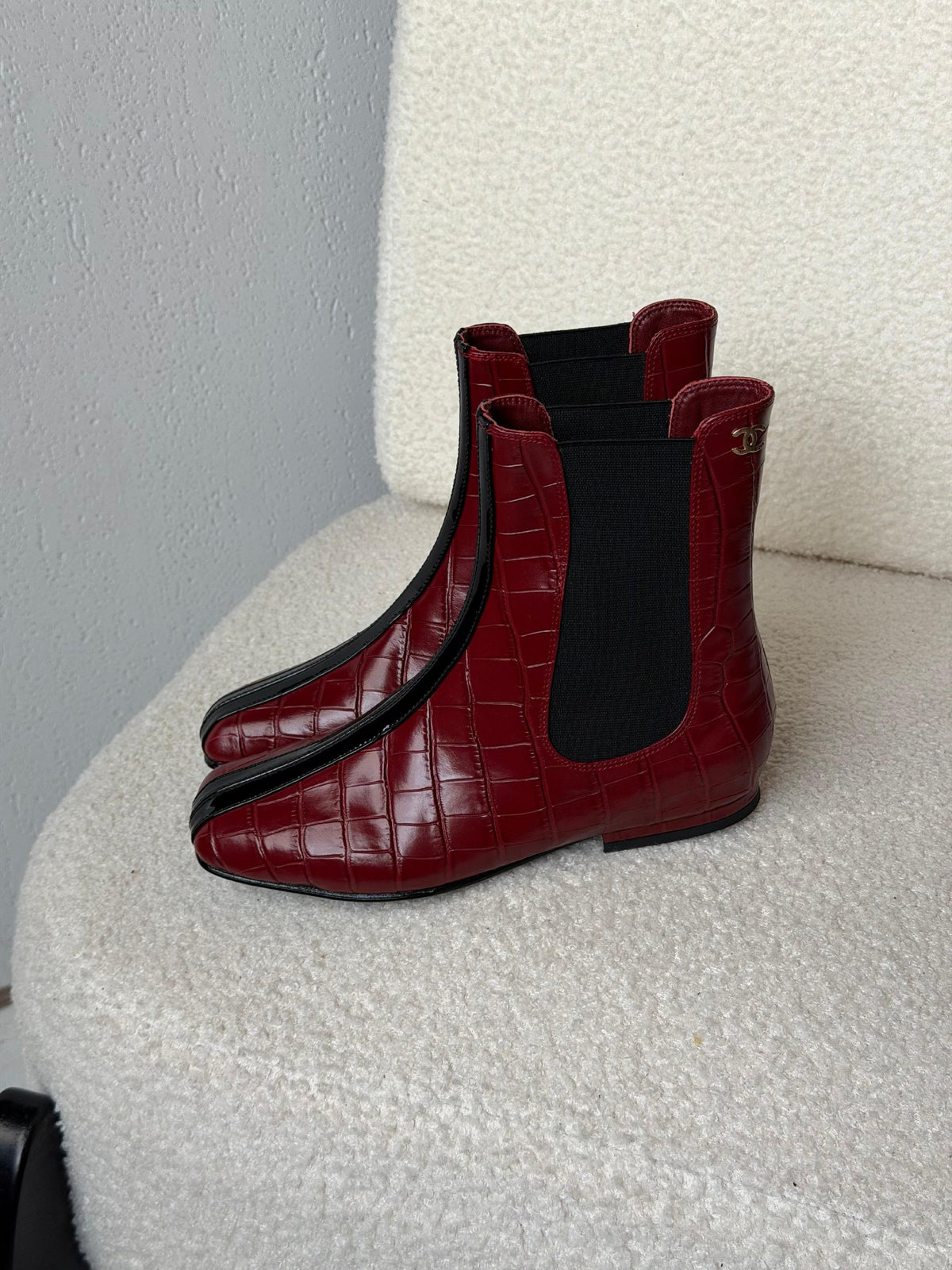 Chanel Croc-Embossed Chelsea Boots - Burgundy Embossed