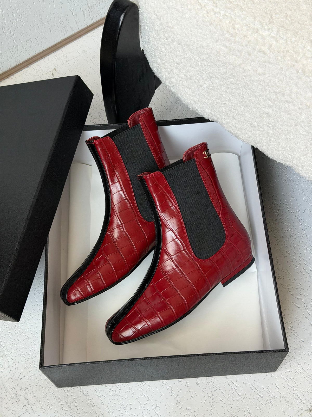 Chanel Croc-Embossed Chelsea Boots - Burgundy Embossed