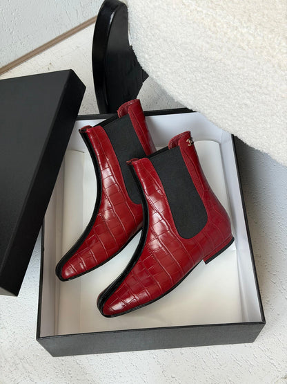 Chanel Croc-Embossed Chelsea Boots - Burgundy Embossed