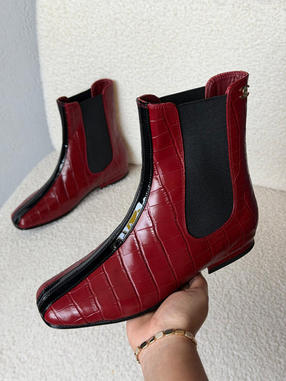 Chanel Croc-Embossed Chelsea Boots - Burgundy Embossed