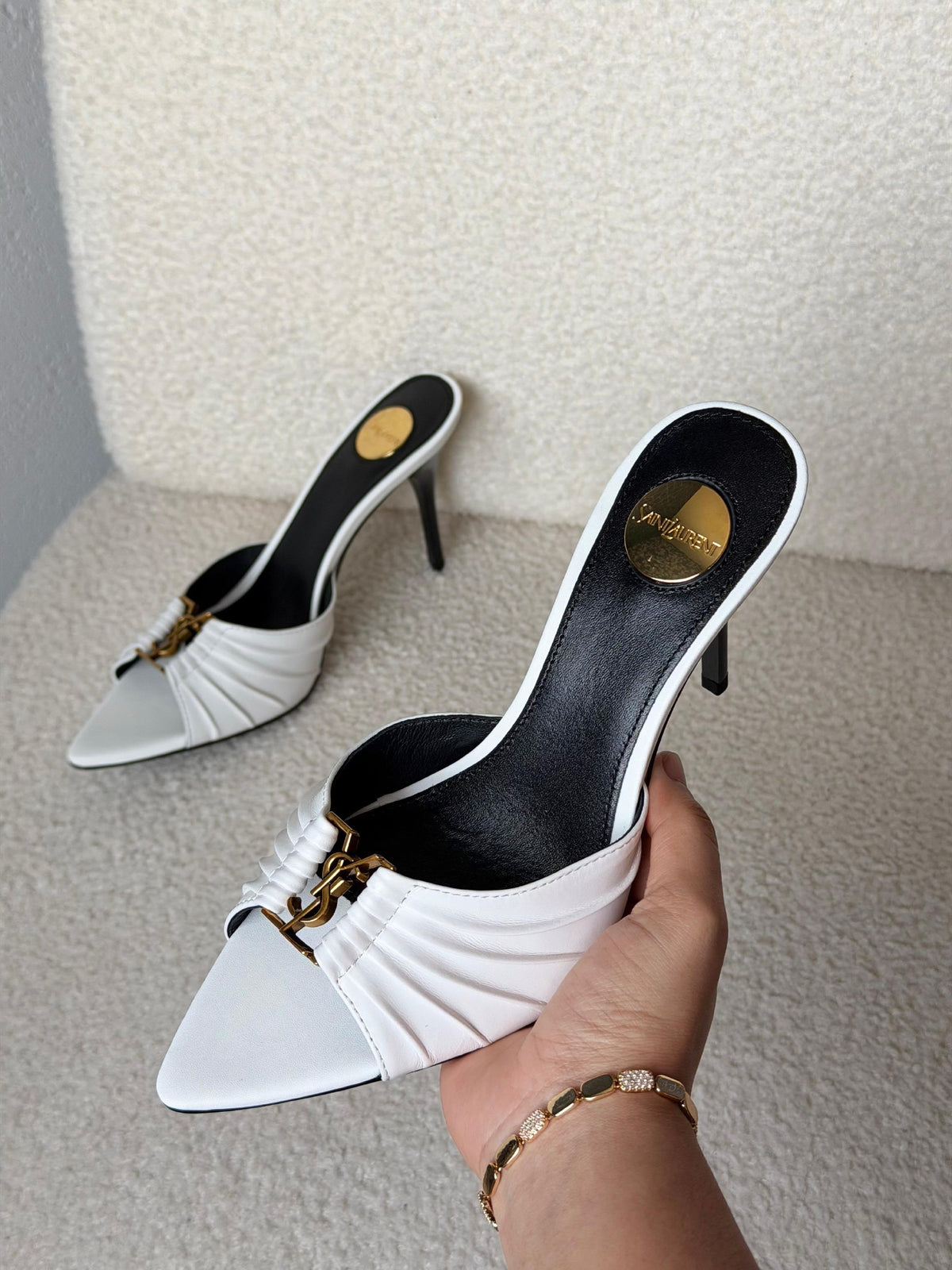 YSL Babylone Pleated Vamp Heels - White