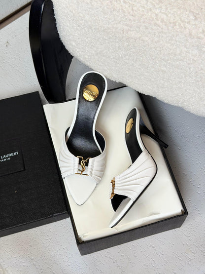 YSL Babylone Pleated Vamp Heels - White