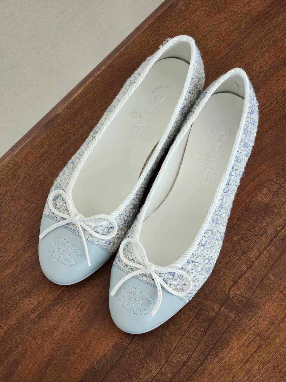 Chanel Bow-Toe Ballerina - White & Light Blue