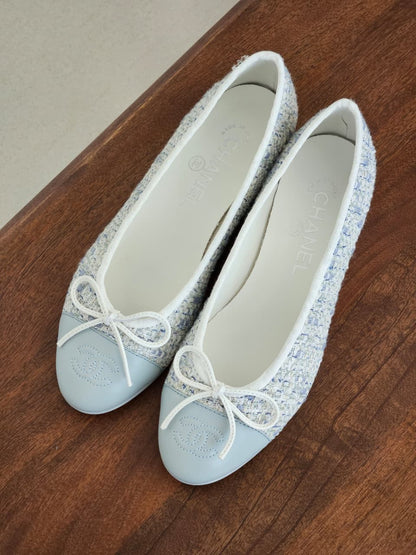 Chanel Bow-Toe Ballerina - White & Light Blue