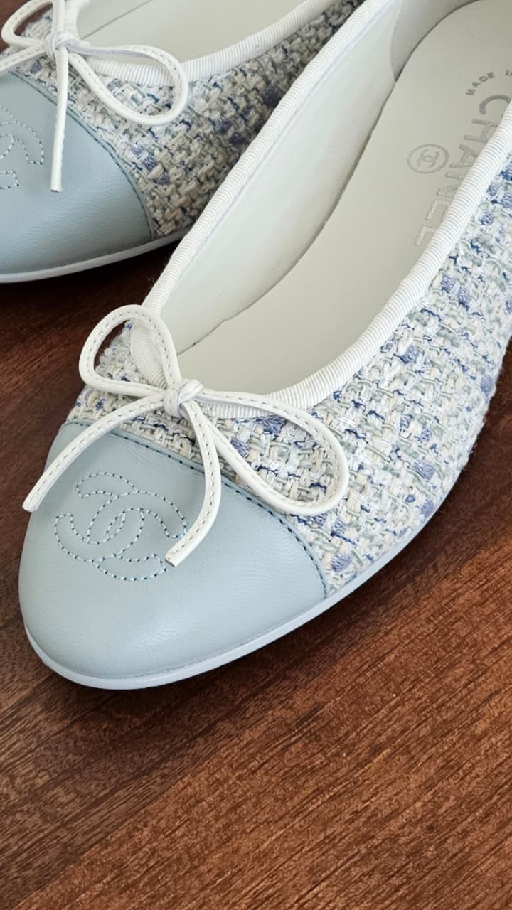 Chanel Bow-Toe Ballerina - White & Light Blue