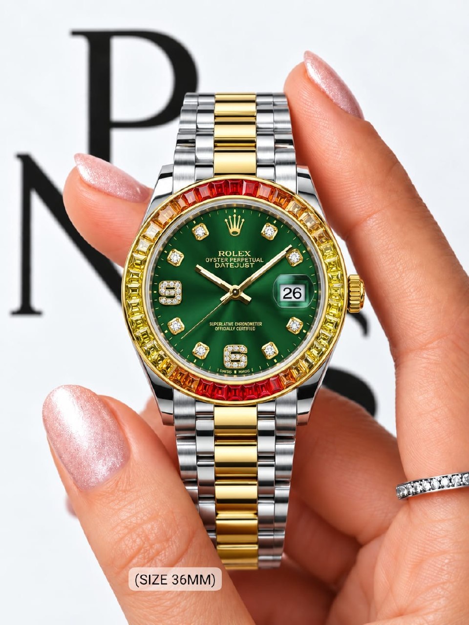 Rolex Watch Green Dial Rainbow Bezel - 