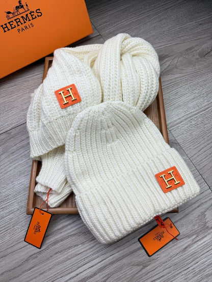 Hermes Scarf & Beanie - White