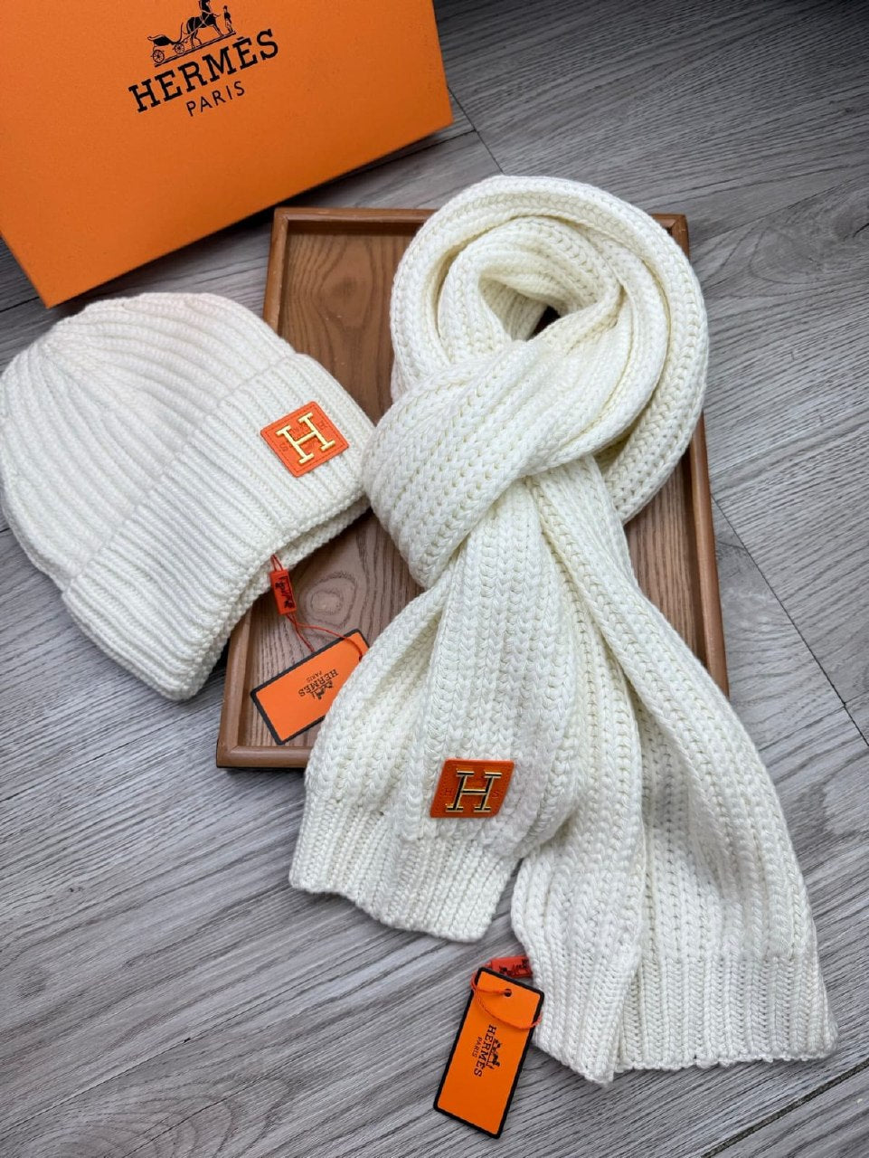 Hermes Scarf & Beanie - White