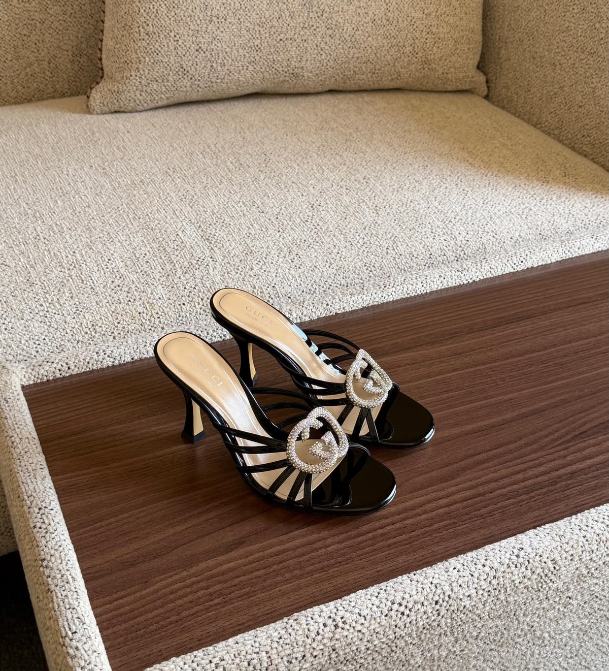 Gucci Emblem Strap Heels - Black