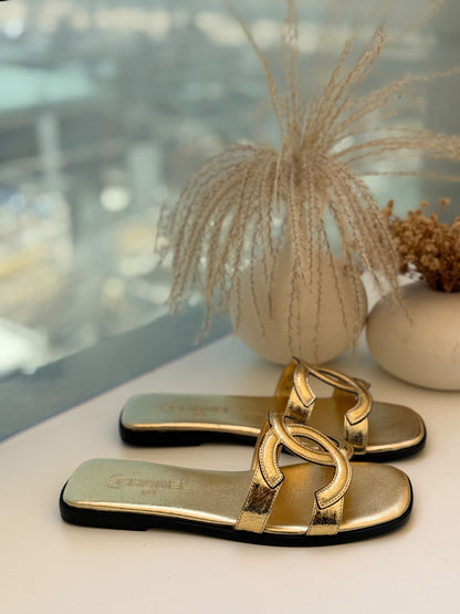 Chanel Slippers - Gold Embossed