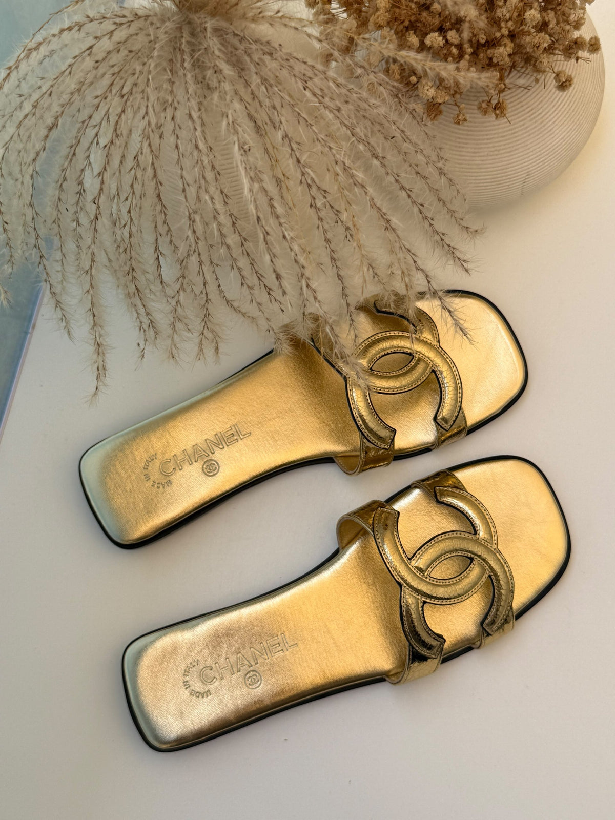 Chanel Slippers - Gold Embossed