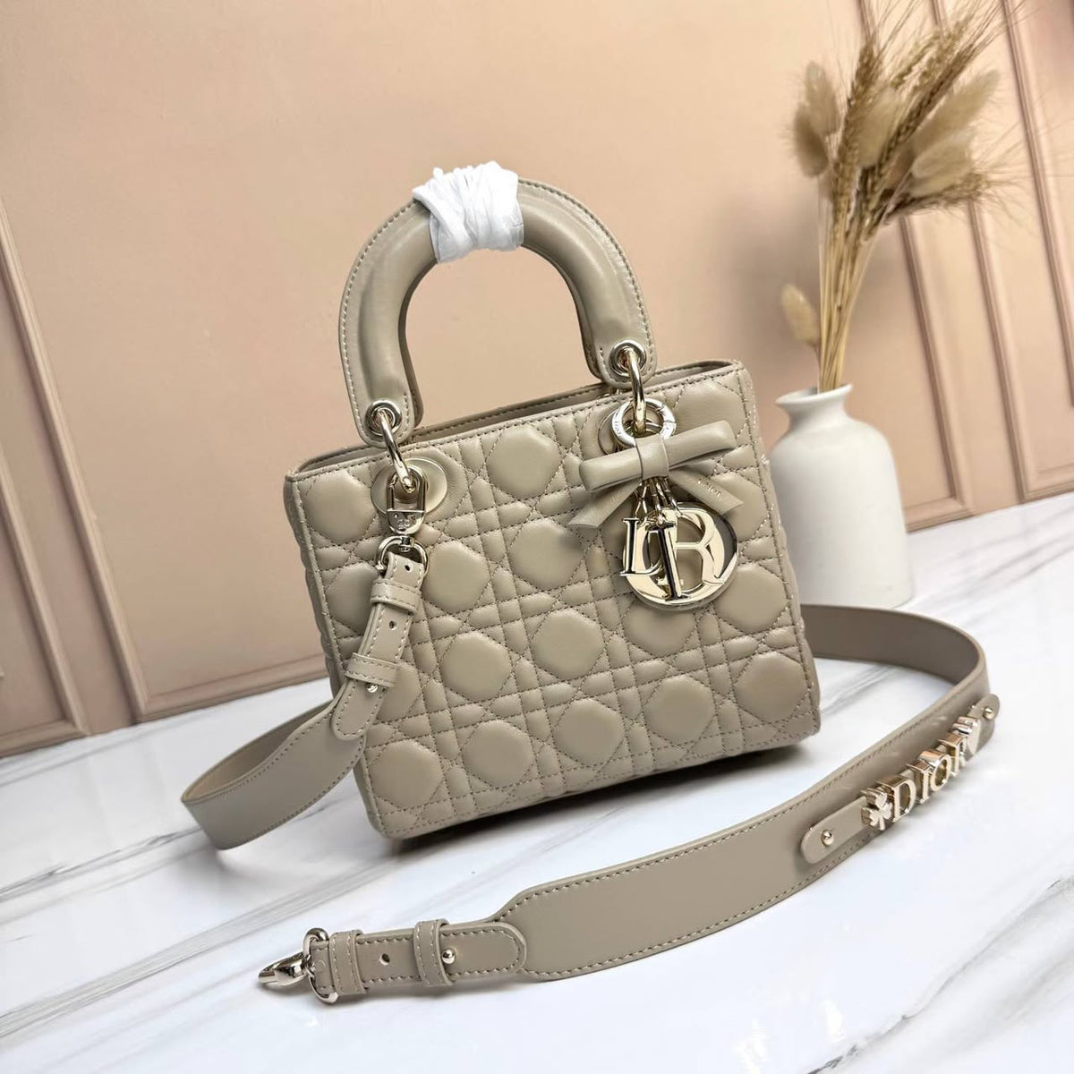 Dior Quilted Top-Handle Handbag - Beige