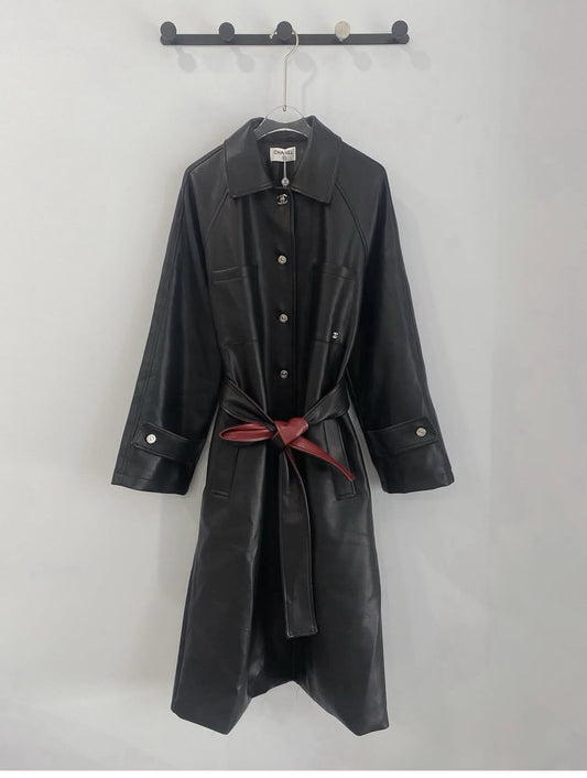 Chanel Coat Belted Leather - Black