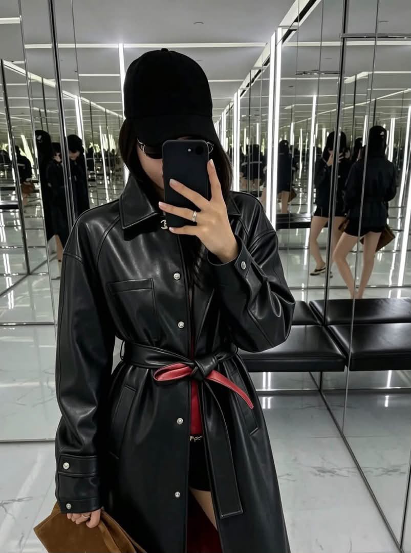 Chanel Coat Belted Leather - Black