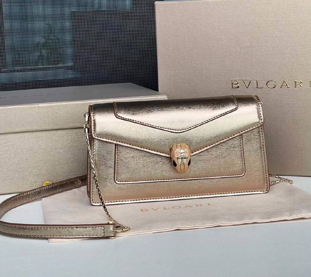 Bulgari Flap Shoulder Bag - Gold Snake Print