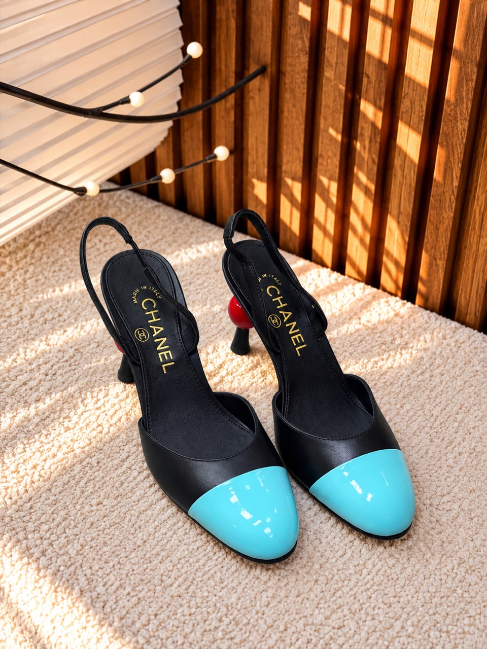 Chanel Slingback Heels - Black & Light Blue