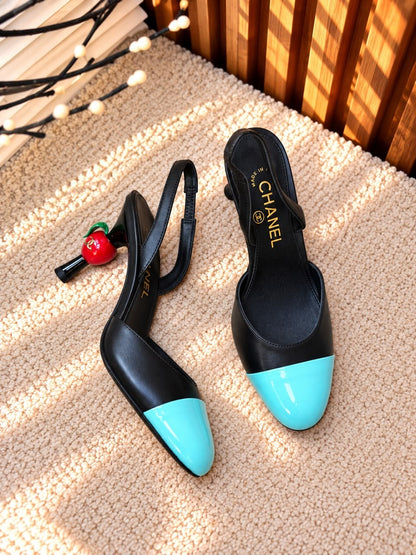 Chanel Slingback Heels - Black & Light Blue