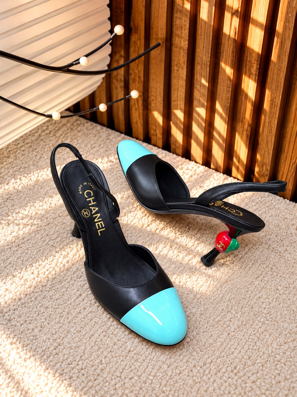 Chanel Slingback Heels - Black & Light Blue
